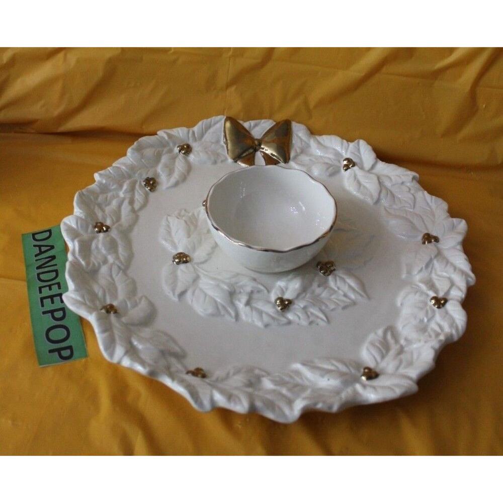Vintage Magenta Rae Dunn White Poinsettia With Gold Bow And Accents Chip Dip